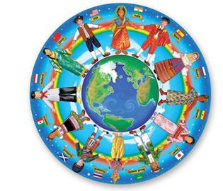 Ilustración de personas de distintas culturas tomadas de las manos sobre un globo terráqueo.