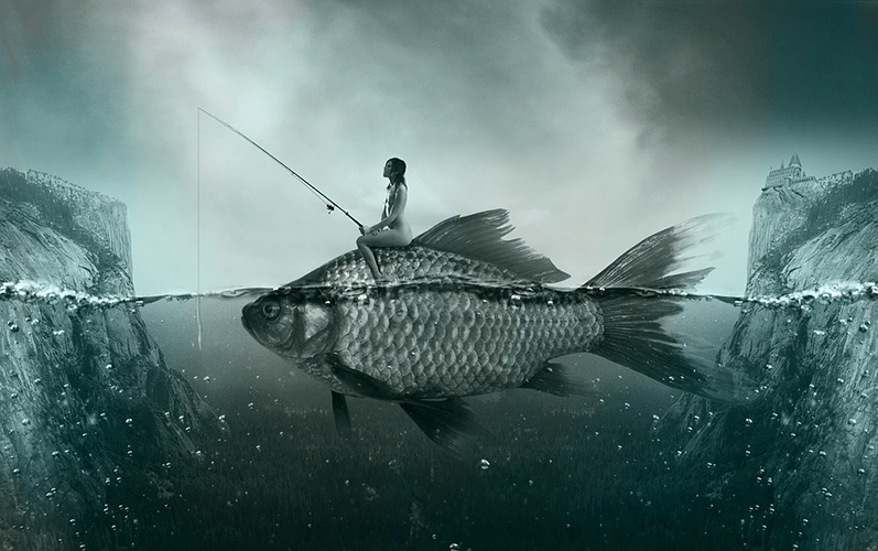 Paisaje “imaginario” de niña pescando montada sobre un enorme pez