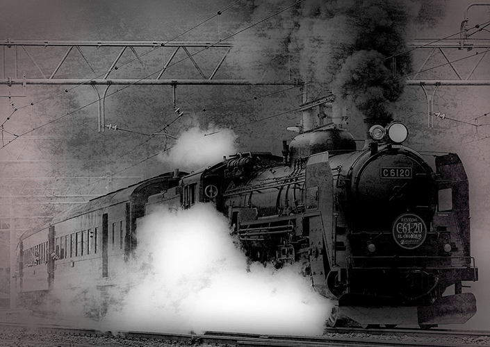 Fotografía de locomotora, en blanco y negro