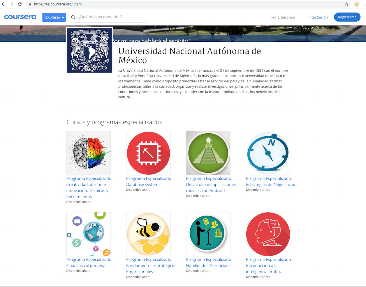 Captura de pantalla de la página principal de Coursera UNAM