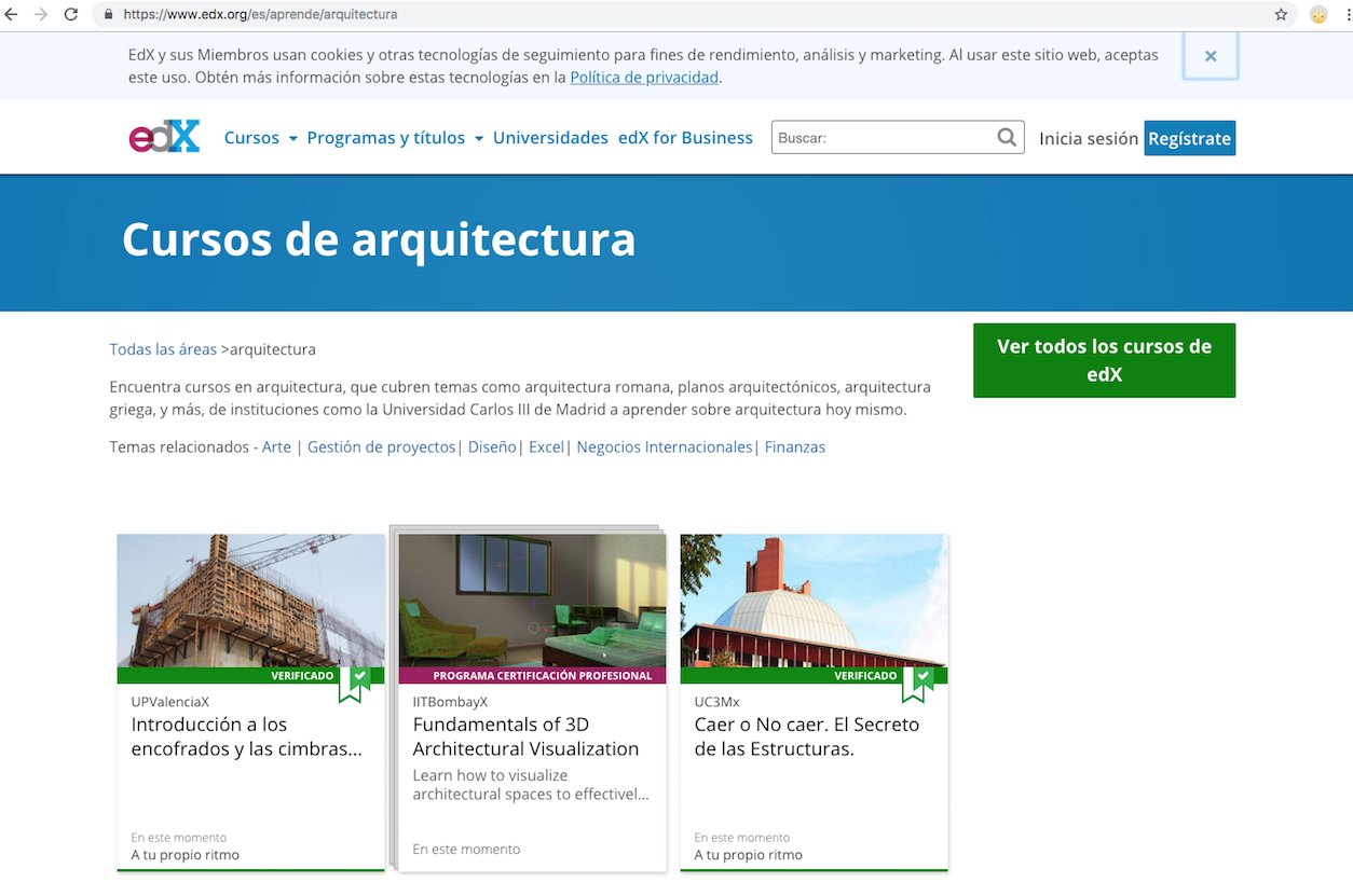 Captura de pantalla de la página principal de edX cursos de arquitectura