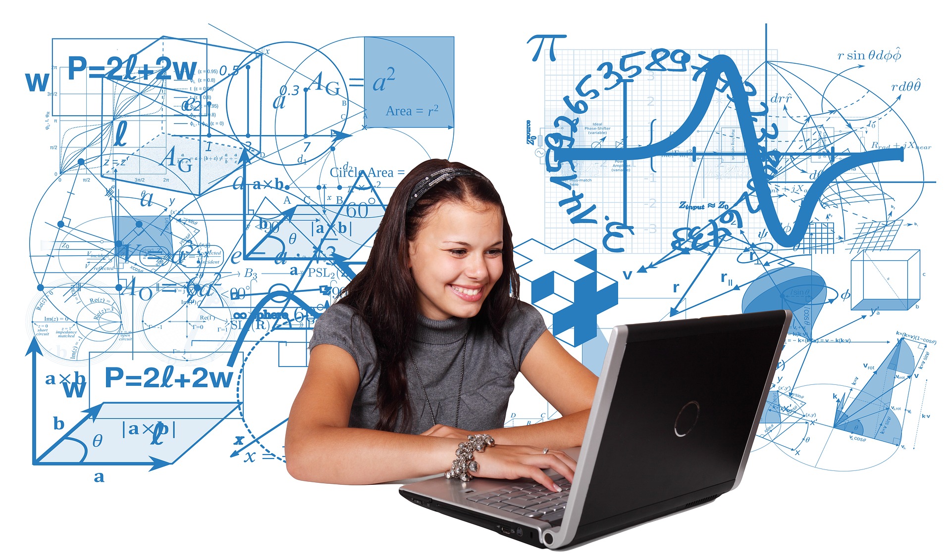 Mujer en portátil con fondo de fórmulas matemáticas 