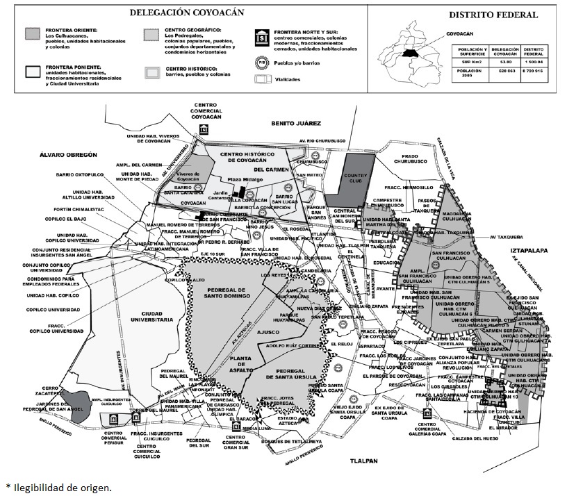 Mapa de la Coyoacán, Configuración espacial de la delegación por fronteras, pueblos, límites y barrios
