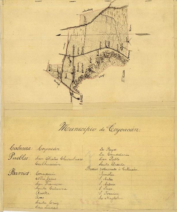 Mapa de Coyoacán realizado a mano de cuando era municipio y antes de ser delegación. Fuente: archivos históricos de la CDMX.