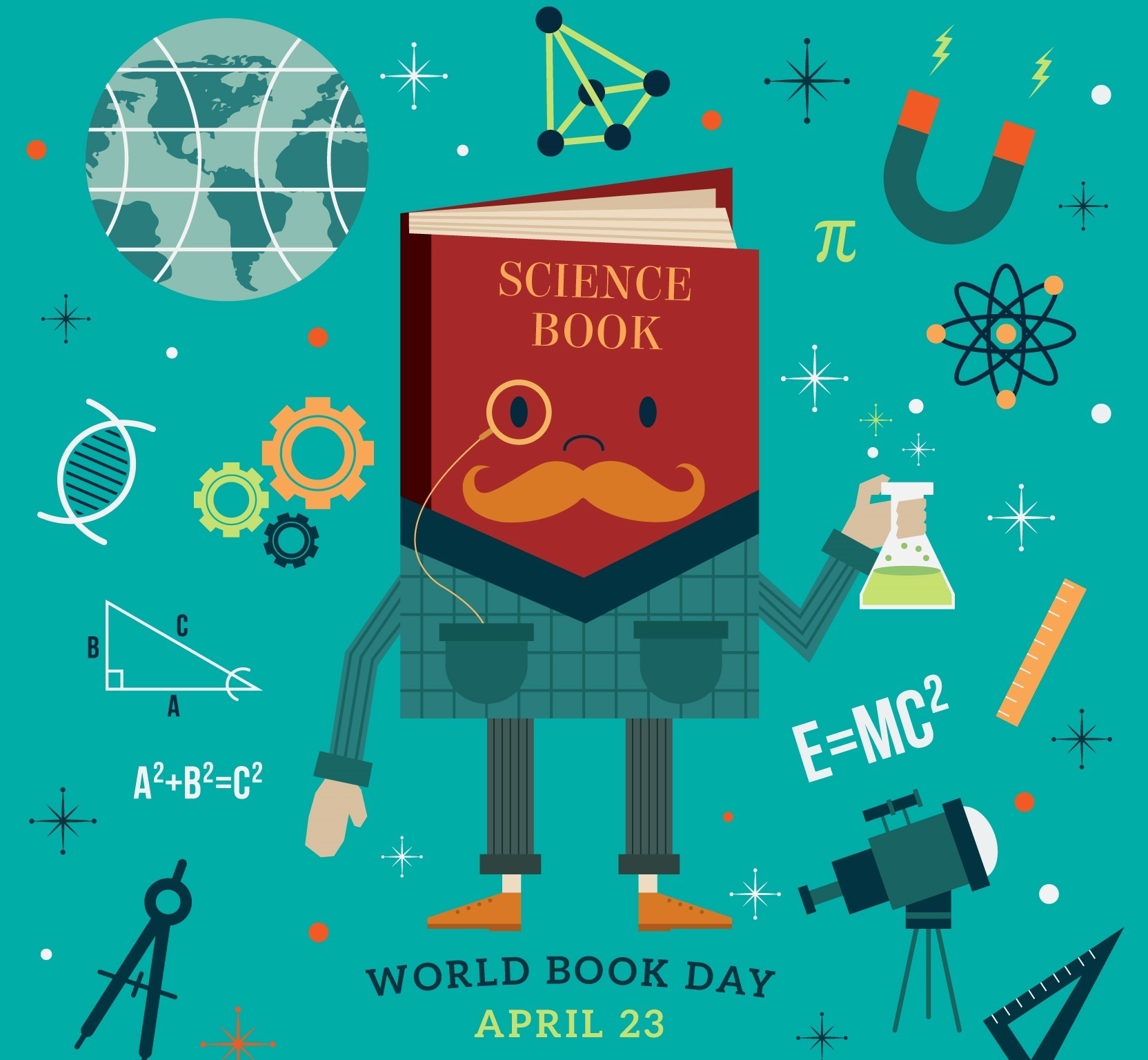 Cartel del Día mundial del libro, el 23 de abril, con la ilustración de un libro de ciencia personificado.