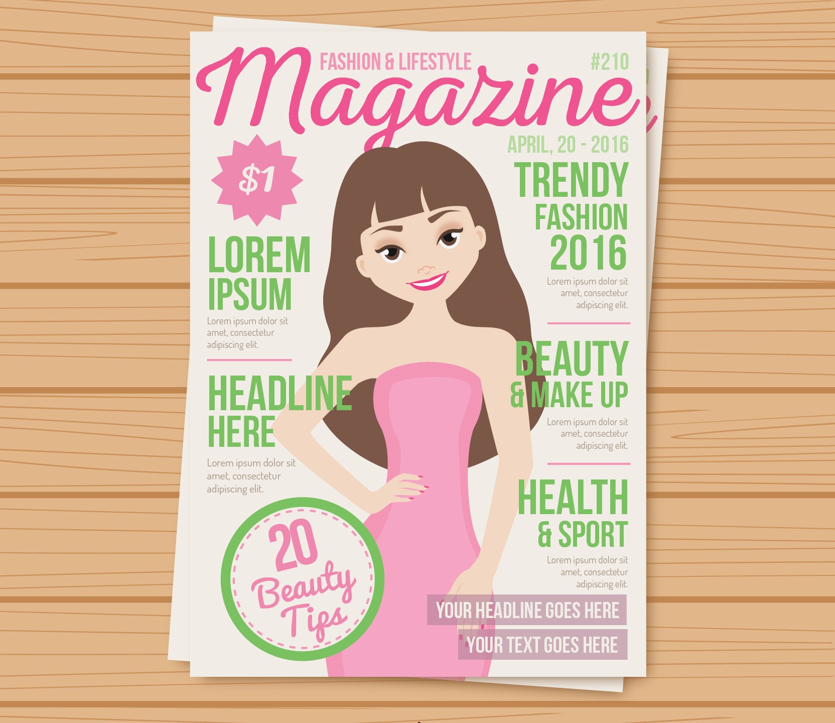 Ilustración de revista con mujer y segmentos de texto en la portada