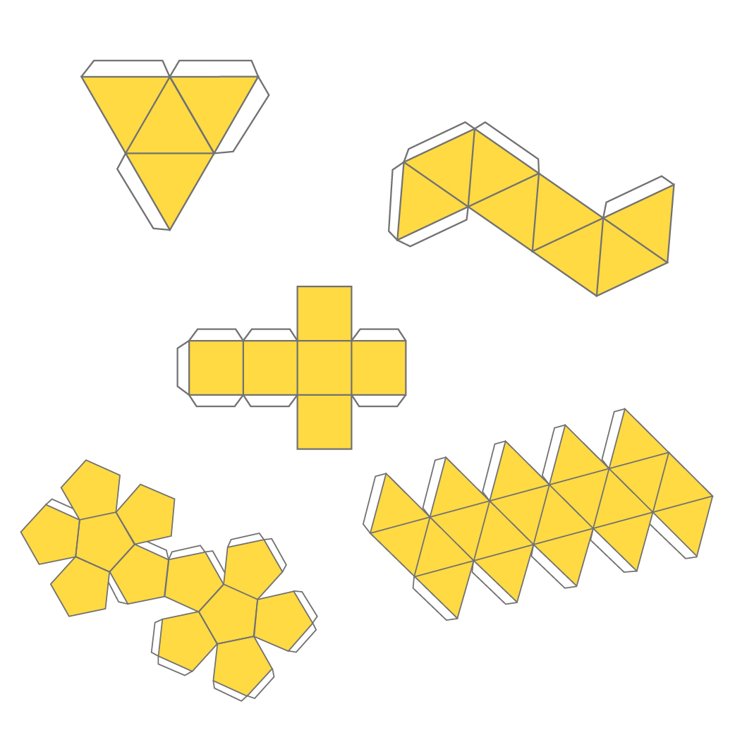Plantillas de armado de un tetraedro, cubo, octaedro, icosaedro y dodecaedro.