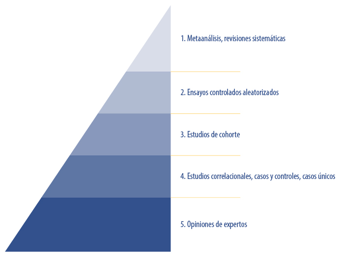 Pirámide que indica cinco pasos a seguir para la búsqueda y análisis de la literatura
