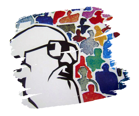 Ilustración de rostro de perfil de Freire; atrás figuras humanas de colores