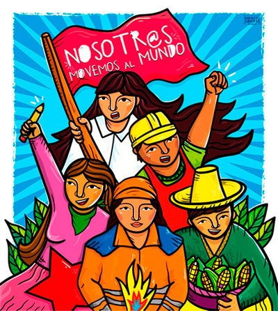 Ilustración con cinco mujeres que levantan pancarta que dice “Nosotr@s movemos el mundo