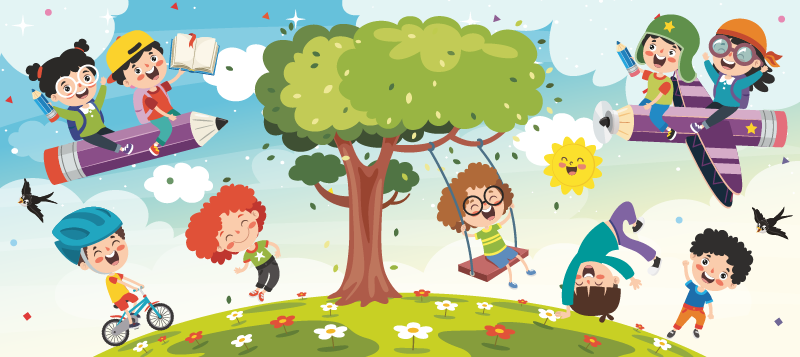 Alrededor de un árbol, varios niños juegan: saltan, hacen maromas, se mecen en columpio, “vuelan”, montan en bicicleta o leen.