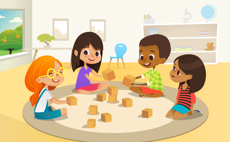 Niños sentados en un círculo jugando con cubos.