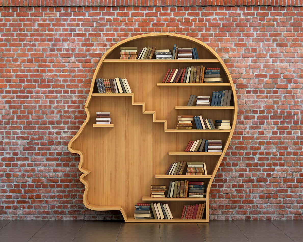 Librero con forma de cabeza representando el aprendizaje