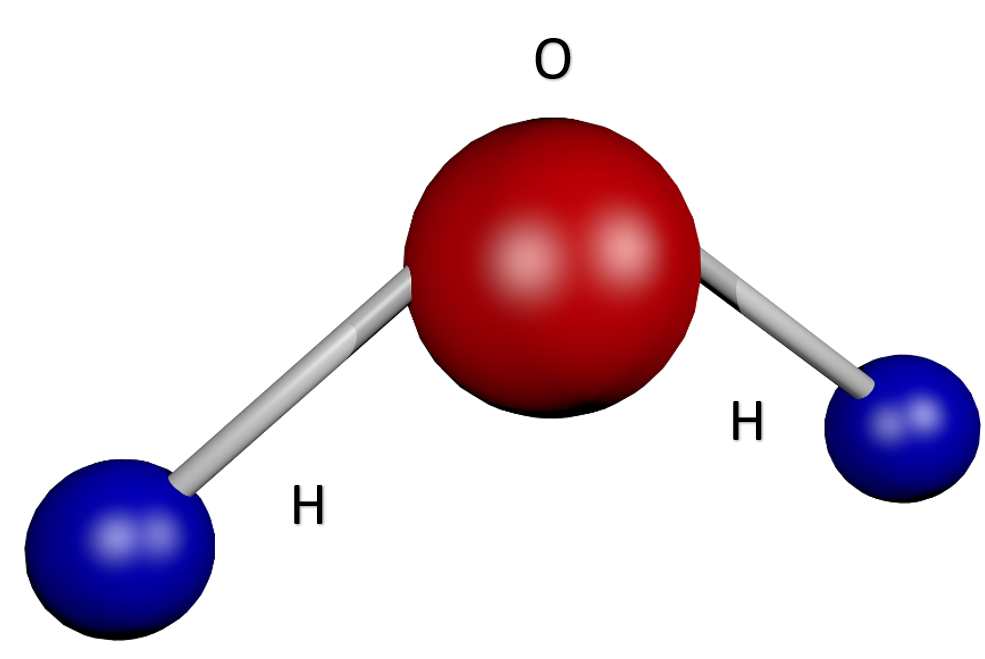 Esquema que representa la forma tridimensional de la molécula de agua. 