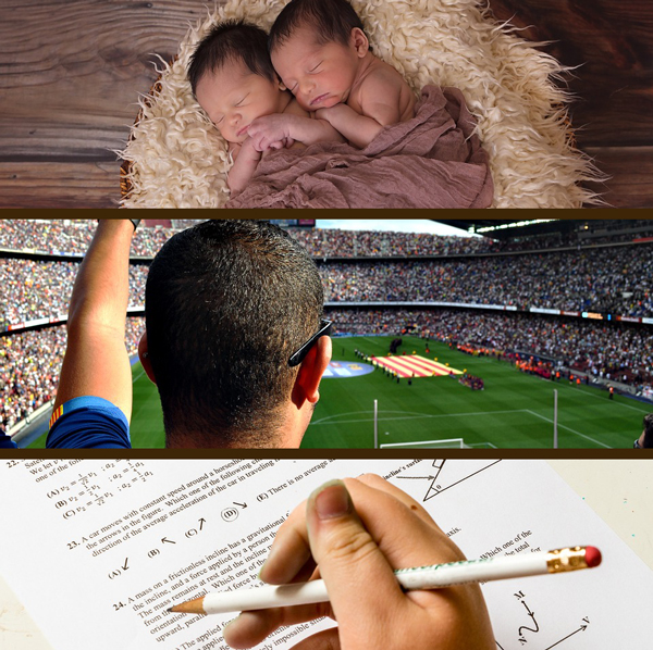 Collage de tres imágenes, un par de bebés, de los cuales no sabemos su sexo; un partido de futbol; y una persona resolviendo un examen.