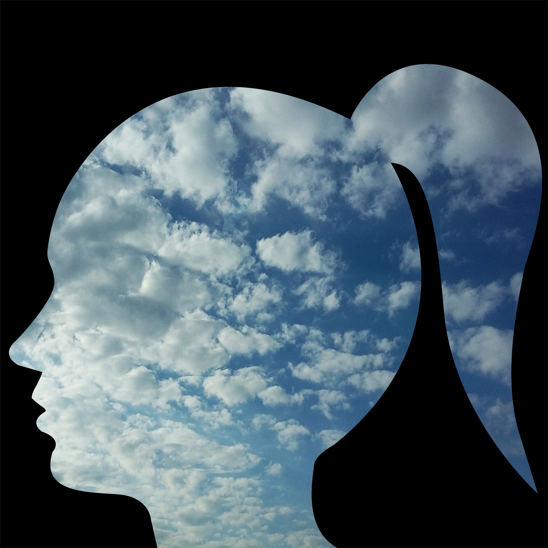 en la silueta de una cabeza femenina recortada sobre fondo negro, se insertan nubes y cielo.