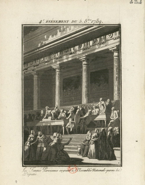 Ilustración antigua de un grupo de mujeres tomando el palacio de Versalles durante la Revolución francesa.