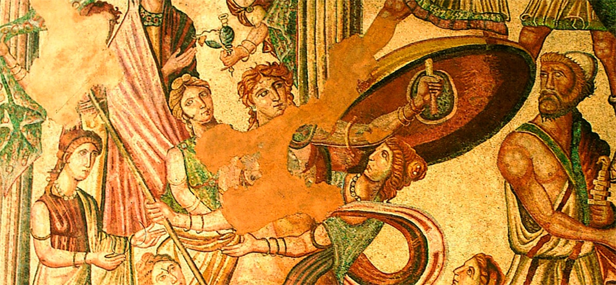 Mosaico romano tardío con escena de La Ilíada donde Odiseo (Ulises) descubre a Aquiles vestido de mujer y escondido entre las princesas en la corte real de Skyros