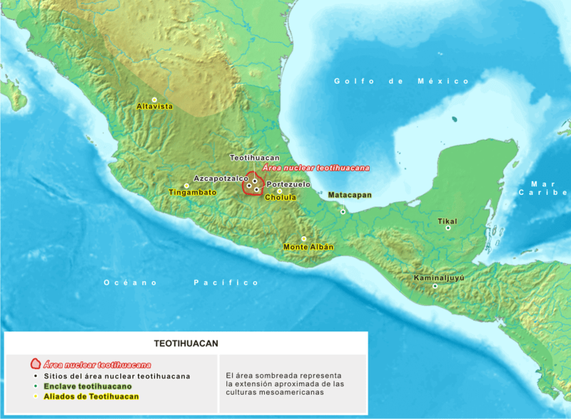 Mapa de México con la ubicación de Teotihuacán.