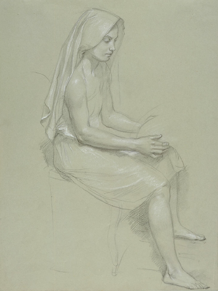 William Bouguerau, estudio de una figura femenina con velo sentado, siglo XIX