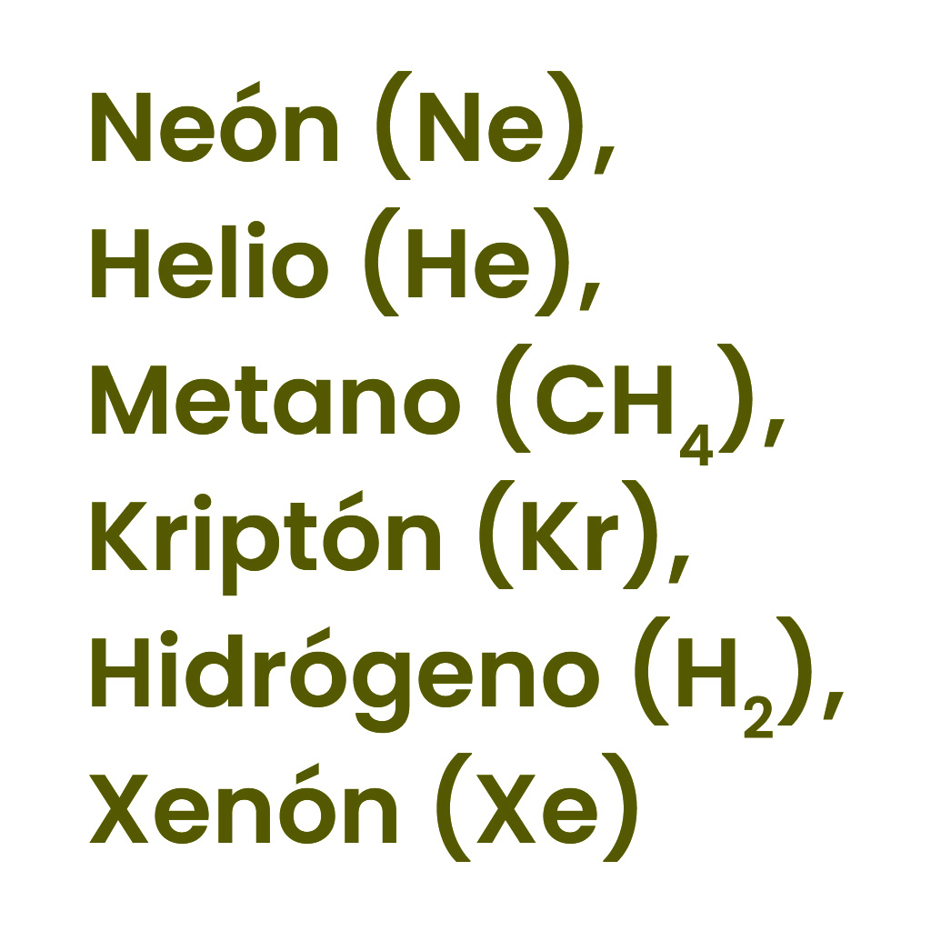 Neón (Ne), Helio (He), Metano (CH₄), Kriptón (Kr), Hidrógeno (H₂), Xenón (Xe).